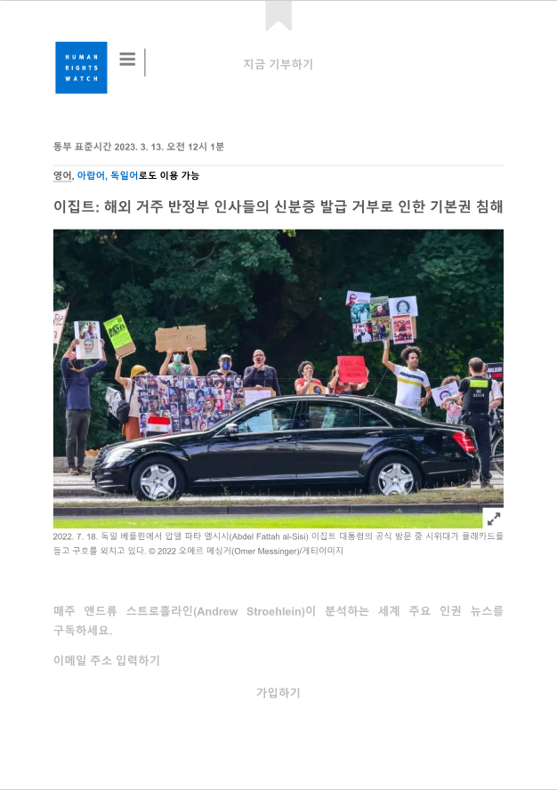 해외 이집트 정치적 반대자의 신분증 발급 제한 박해 관련