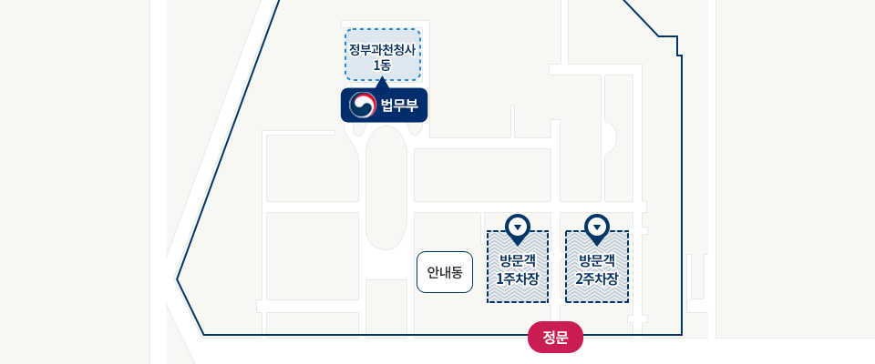 법무부 방문객주차장 약도. 정부과천청사 정문으로 들어오면 좌측의 방문객 제1주차장, 우측의 방문객 제2주차장이 있습니다.